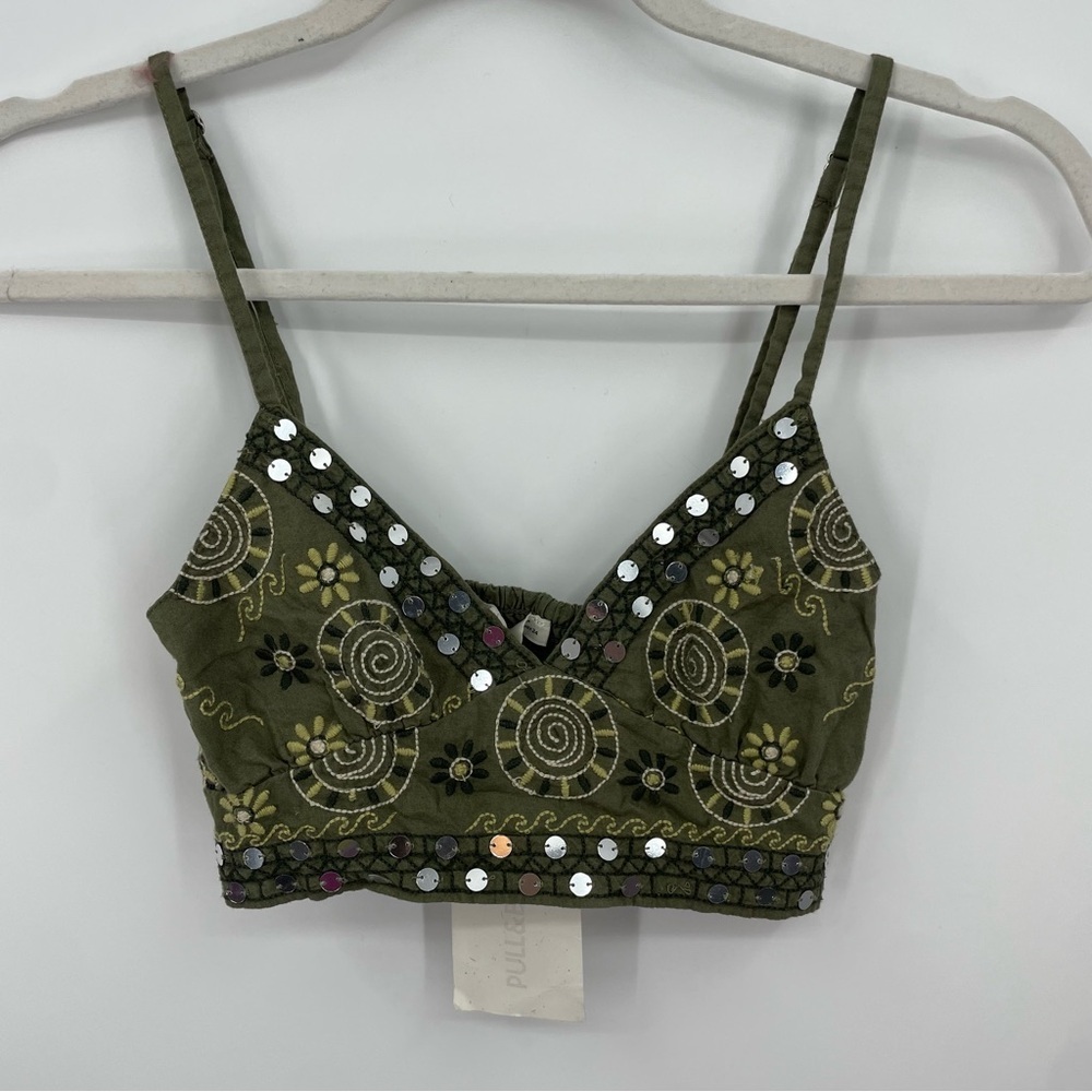 Pull&Bear Pacific Republic Olive green floral embroidered crop top Sz S